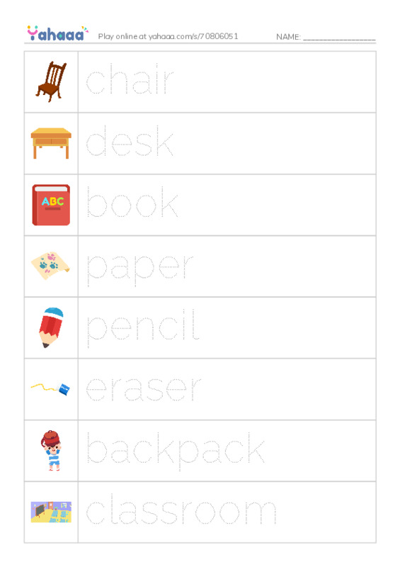 Picture and word rows worksheet for chair, desk, book and 5 more