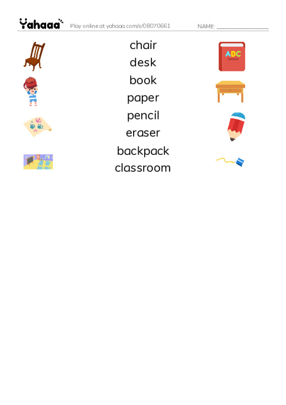 Match both sides worksheet for chair, desk, book and 5 more