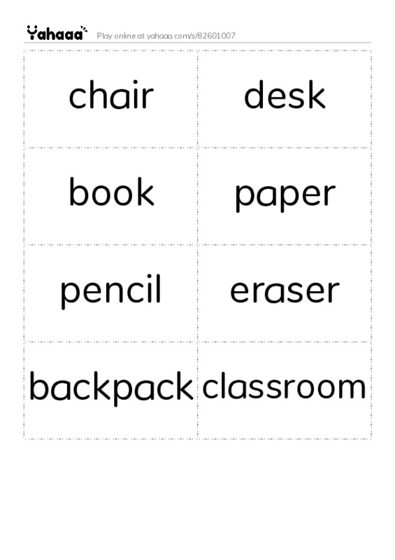Word flashcards worksheet for chair, desk, book and 5 more
