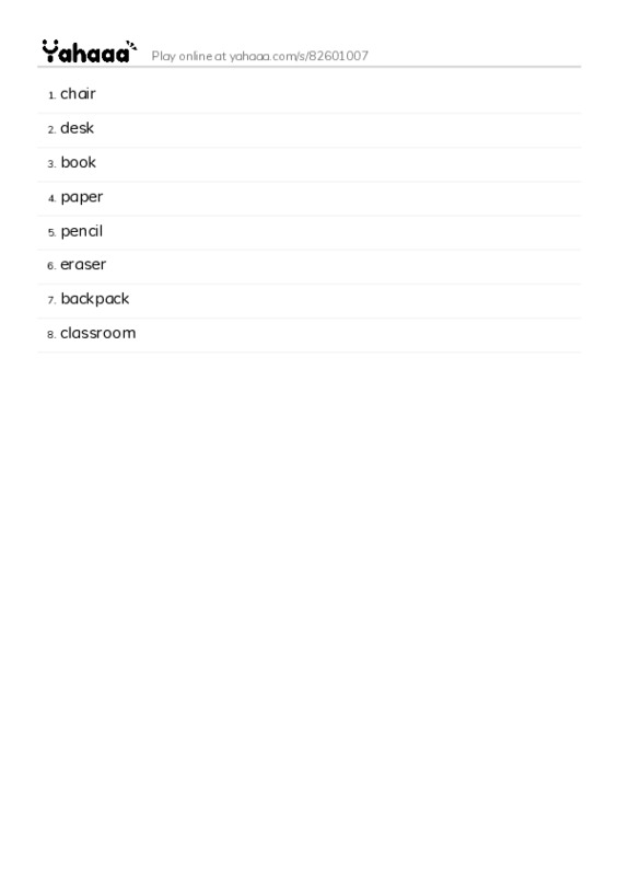 Word list with meanings worksheet for chair, desk, book and 5 more