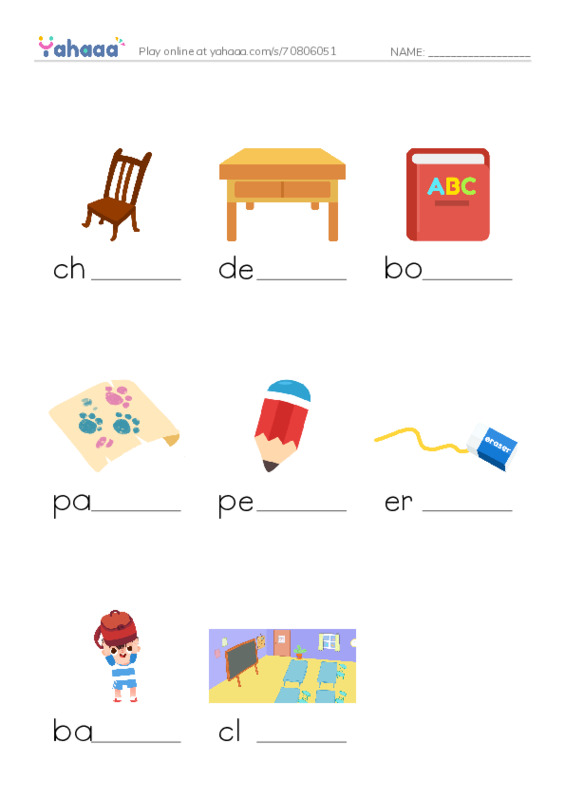 Finish the word worksheet for chair, desk, book and 5 more
