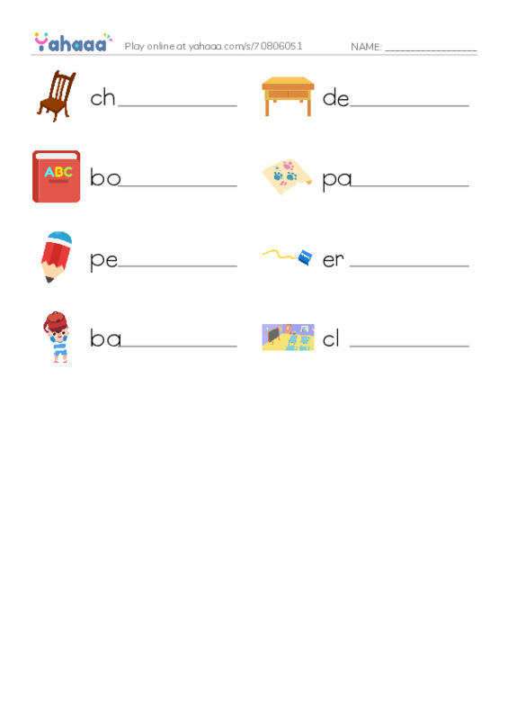 Write the word rows worksheet for chair, desk, book and 5 more