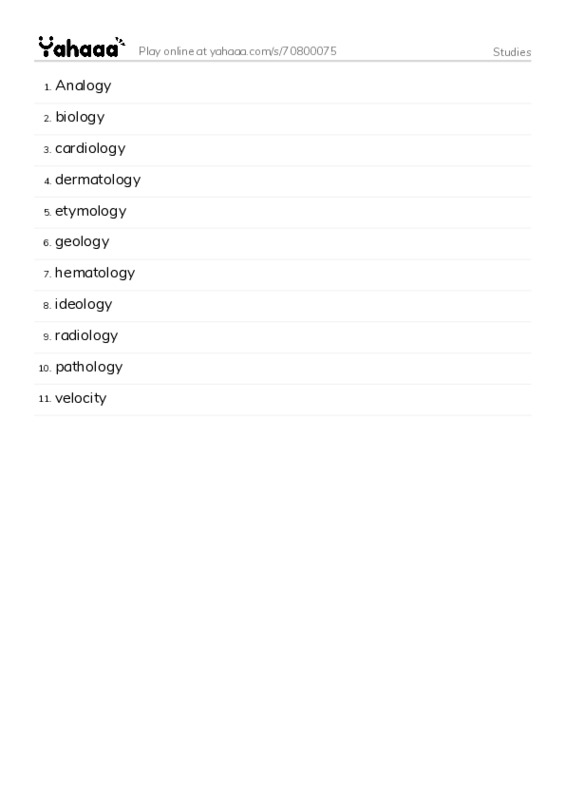 Word list with meanings worksheet for Studies