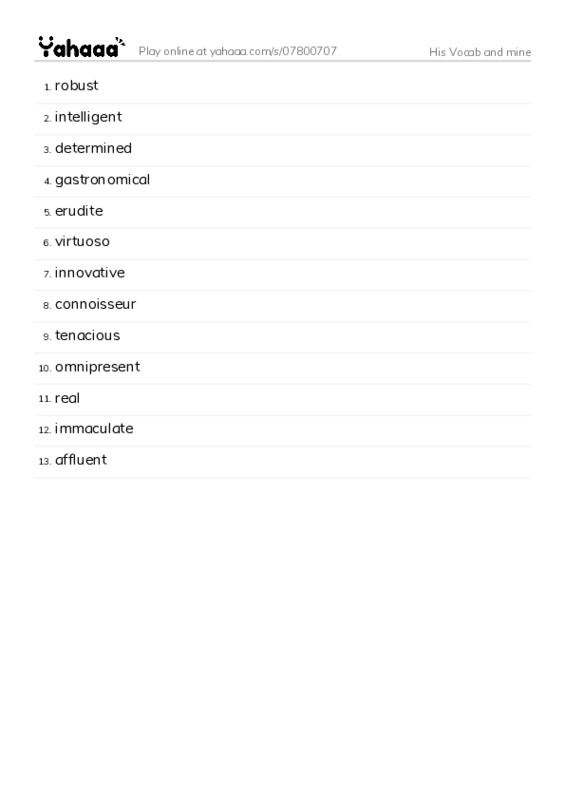 Word list with meanings worksheet for His Vocab and mine