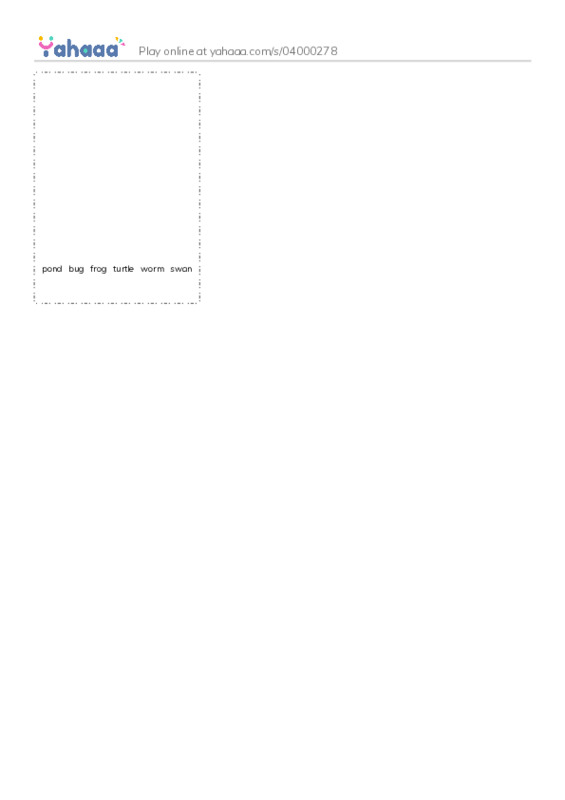 Picture flashcards worksheet for pond，bug，frog，turtle，worm，swan