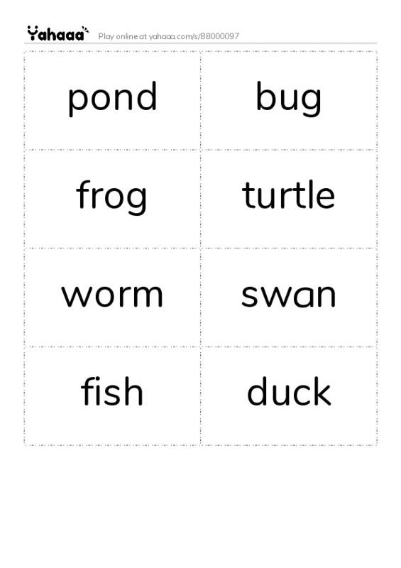 Word flashcards worksheet for pond, bug, frog and 5 more