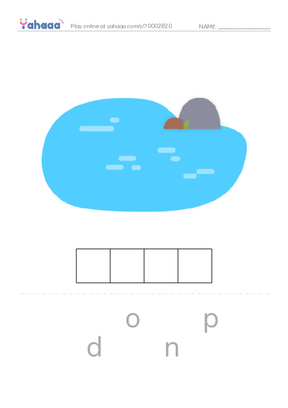 Letter scramble puzzle worksheet for pond, bug, frog and 5 more