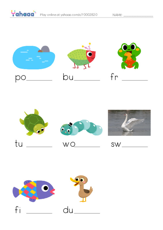 Finish the word worksheet for pond, bug, frog and 5 more