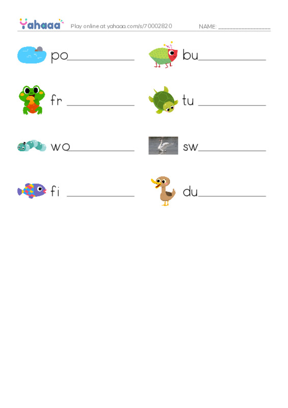 Write the word rows worksheet for pond, bug, frog and 5 more