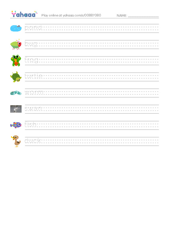 Handwriting lines worksheet for pond, bug, frog and 5 more