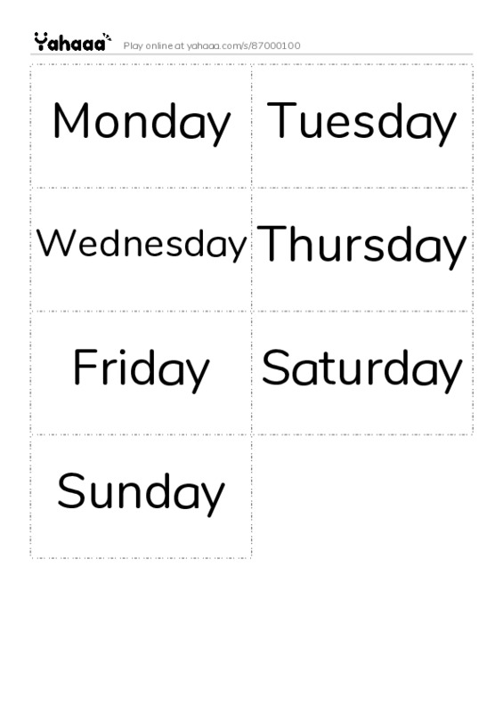 Word flashcards worksheet for Monday, Tuesday, Wednesday and 4 more