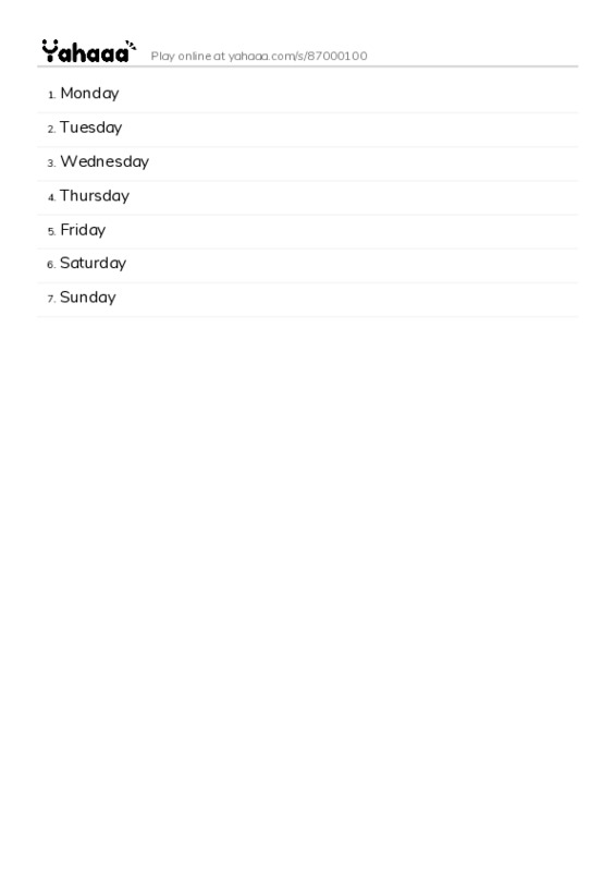 Word list with meanings worksheet for Monday, Tuesday, Wednesday and 4 more
