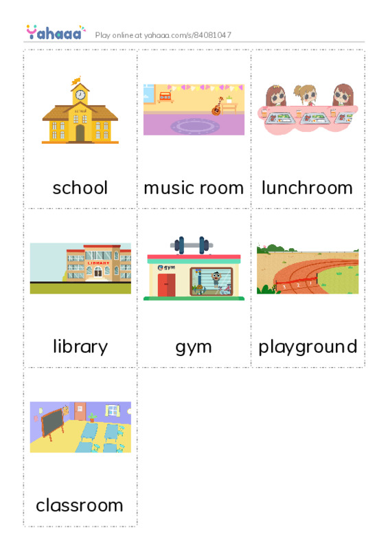 Picture flashcards worksheet for school, music room, lunchroom and 4 more