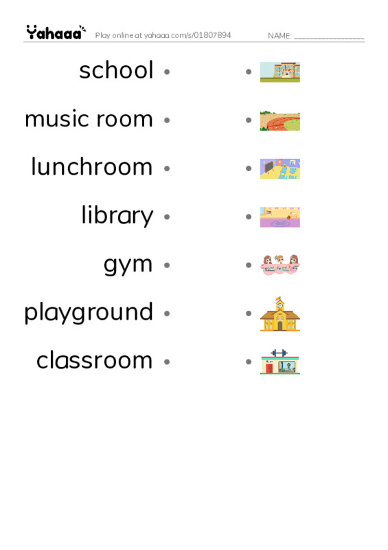 Draw a line to match worksheet for school, music room, lunchroom and 4 more