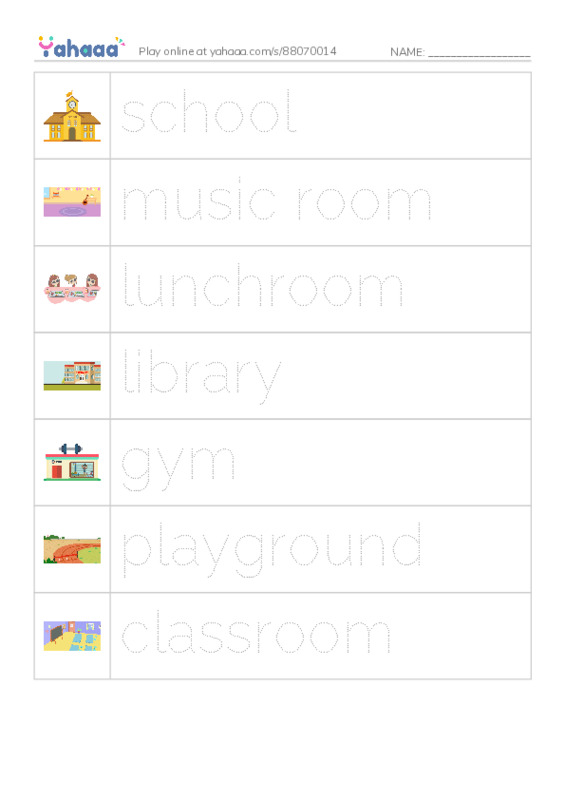 Picture and word rows worksheet for school, music room, lunchroom and 4 more