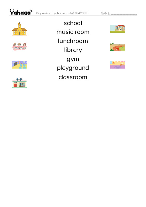 Match both sides worksheet for school, music room, lunchroom and 4 more