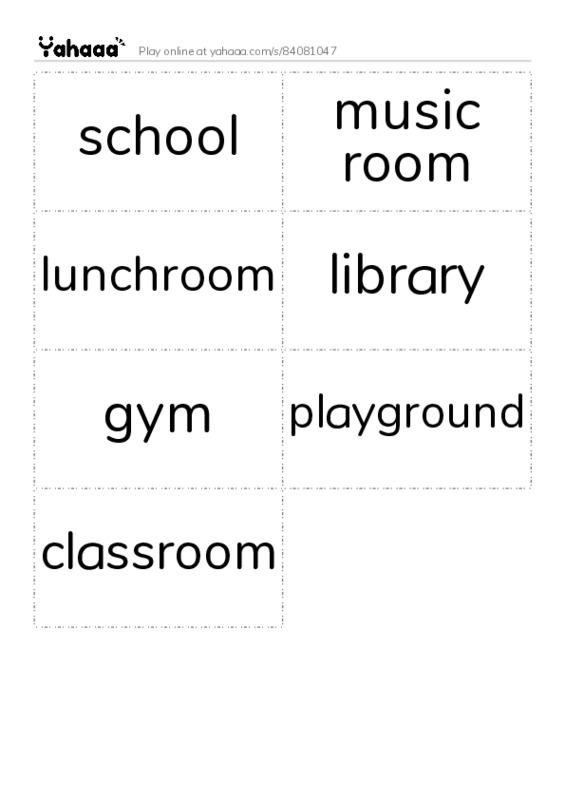Word flashcards worksheet for school, music room, lunchroom and 4 more
