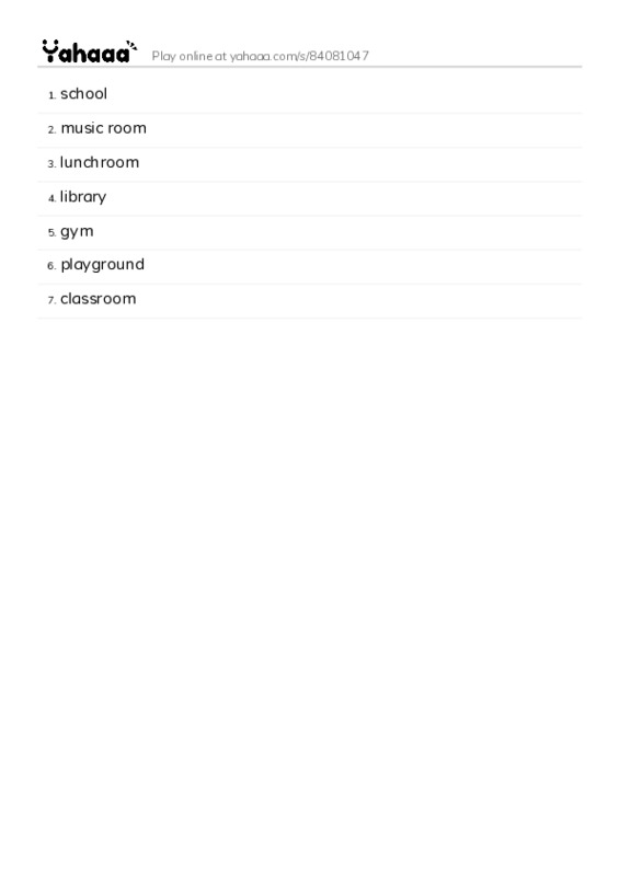 Word list with meanings worksheet for school, music room, lunchroom and 4 more