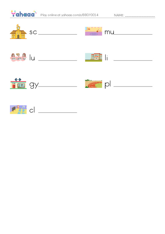 Write the word rows worksheet for school, music room, lunchroom and 4 more