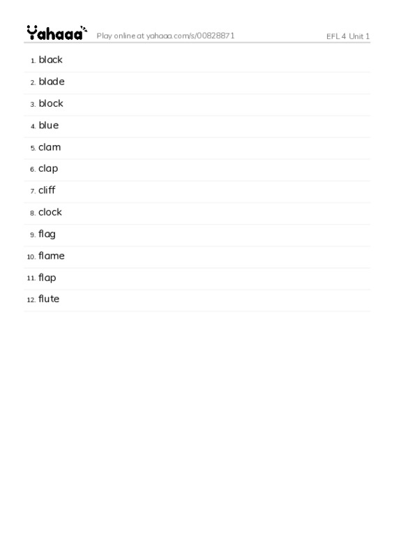 Word list with meanings worksheet for EFL 4 Unit 1