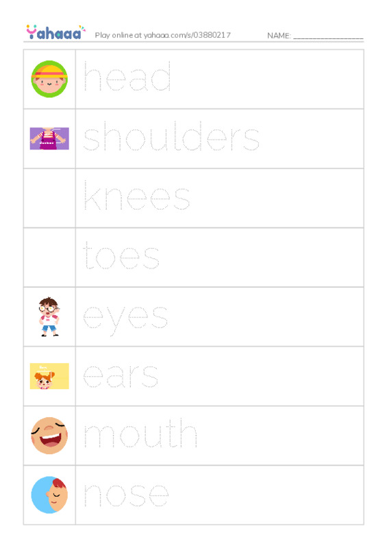 Picture and word rows worksheet for body parts