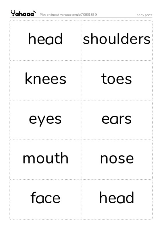 Word flashcards worksheet for body parts