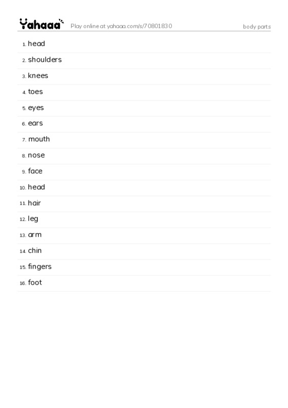 Word list with meanings worksheet for body parts