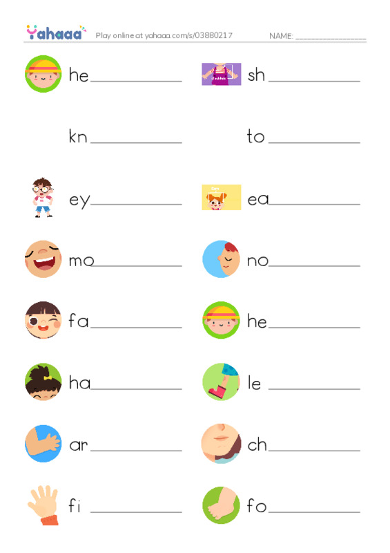 Write the word rows worksheet for body parts