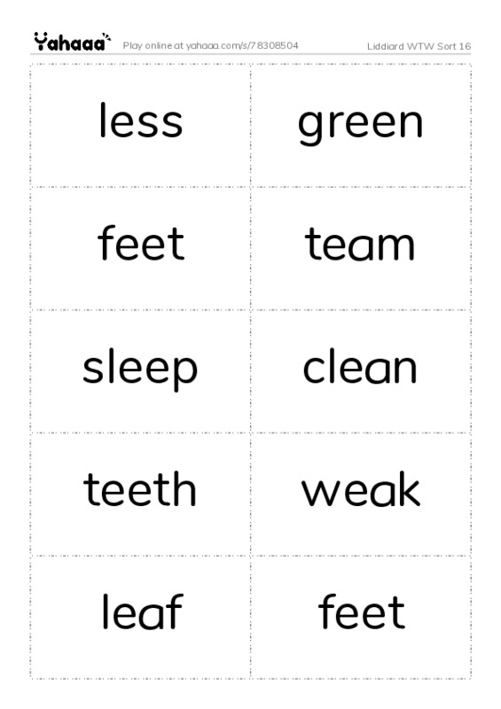Word flashcards worksheet for Liddiard WTW Sort 16