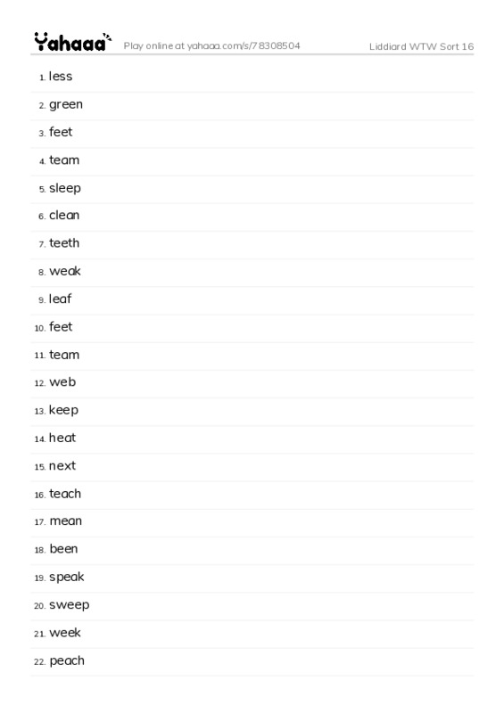 Word list with meanings worksheet for Liddiard WTW Sort 16
