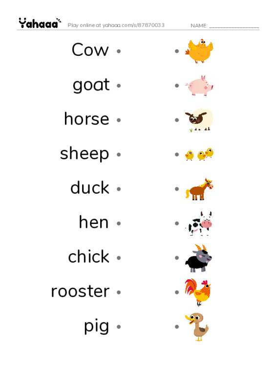 Draw a line to match worksheet for Farm animals