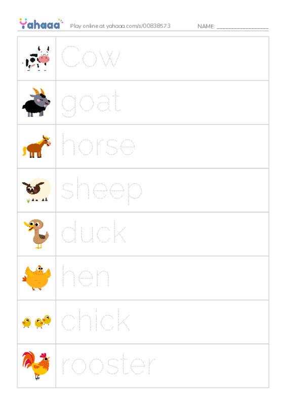 Picture and word rows worksheet for Farm animals