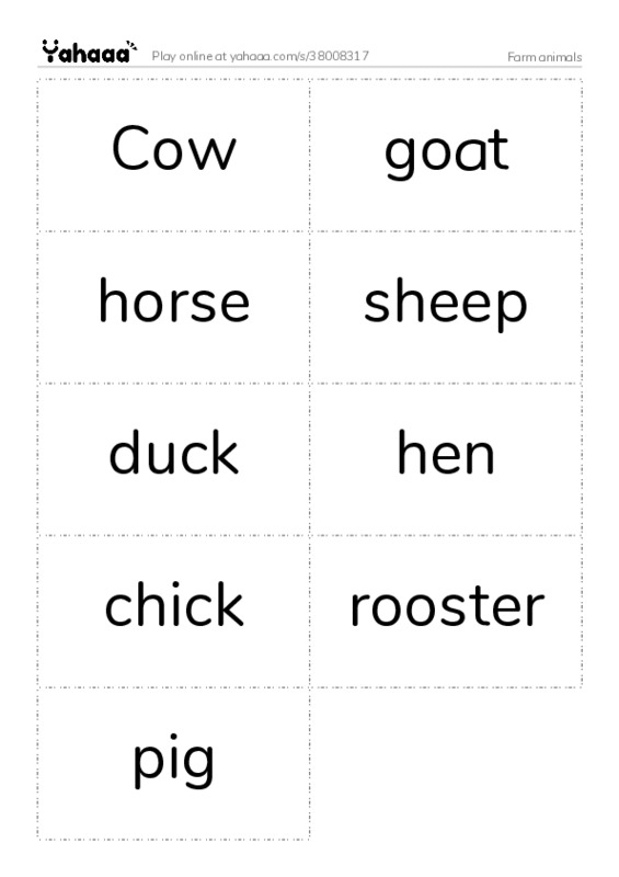 Word flashcards worksheet for Farm animals