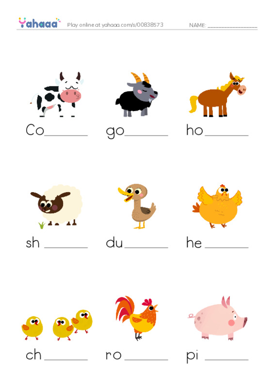 Finish the word worksheet for Farm animals