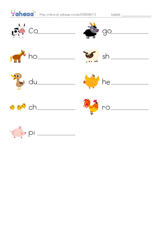 Write the word rows worksheet for Farm animals