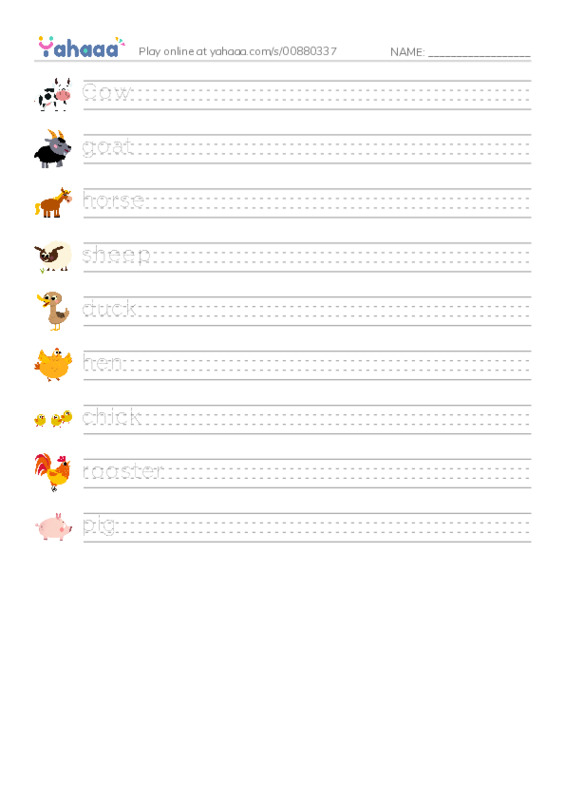 Handwriting lines worksheet for Farm animals