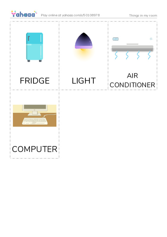 Picture flashcards worksheet for Things in my room