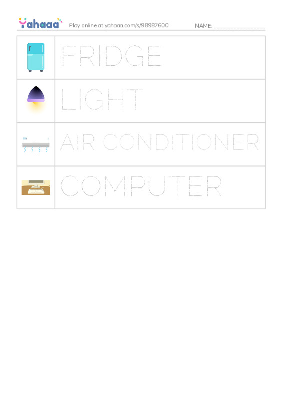 Picture and word rows worksheet for Things in my room