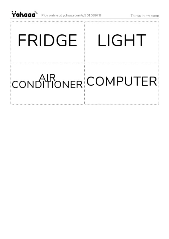 Word flashcards worksheet for Things in my room