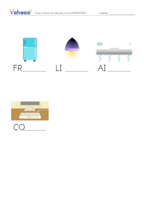 Finish the word worksheet for Things in my room