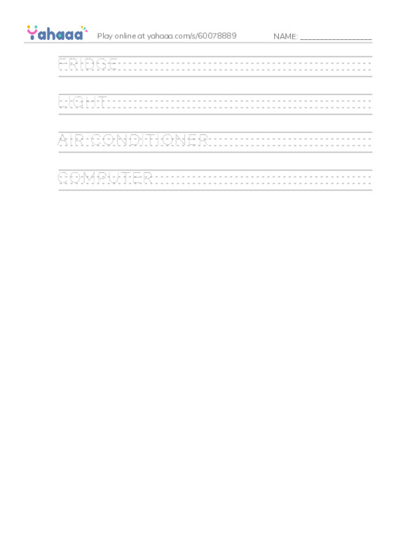 Handwriting lines worksheet for Things in my room