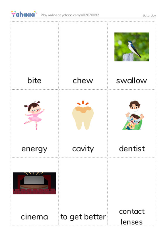 Picture flashcards worksheet for Saturday