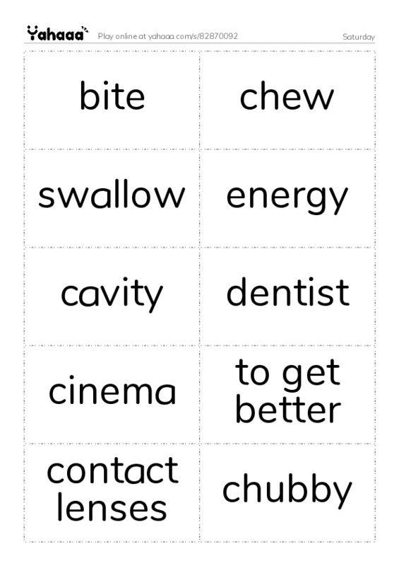 Word flashcards worksheet for Saturday
