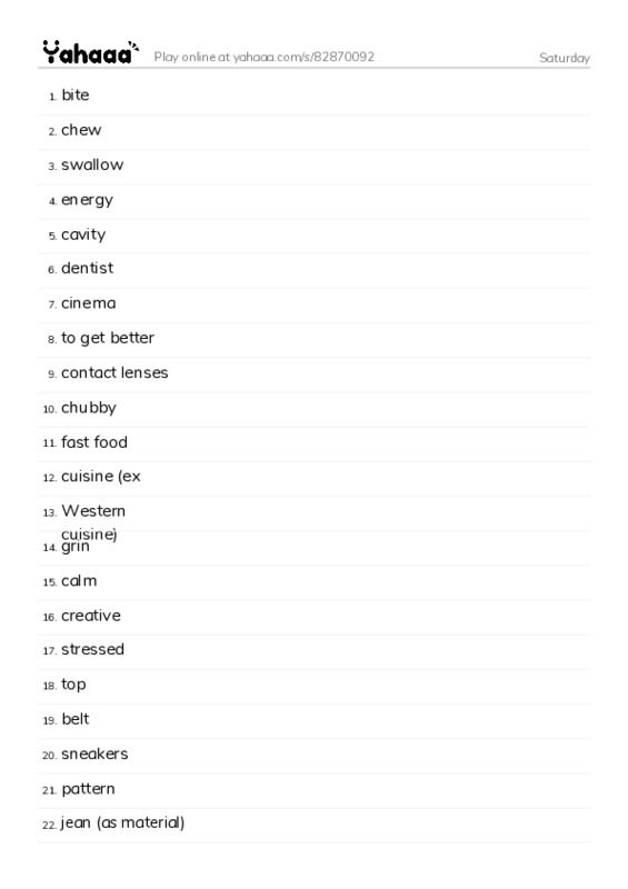 Word list with meanings worksheet for Saturday