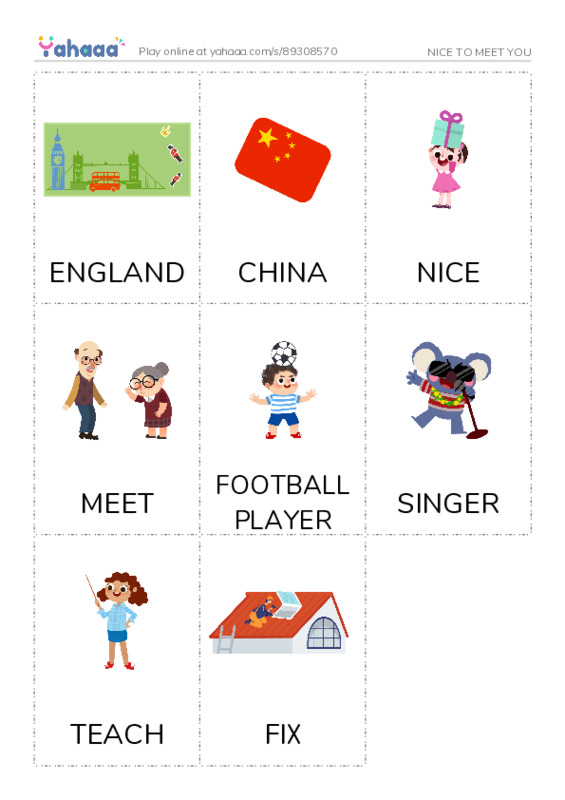 Picture flashcards worksheet for NICE TO MEET YOU