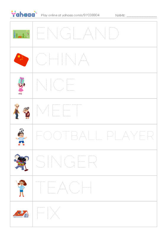 Picture and word rows worksheet for NICE TO MEET YOU
