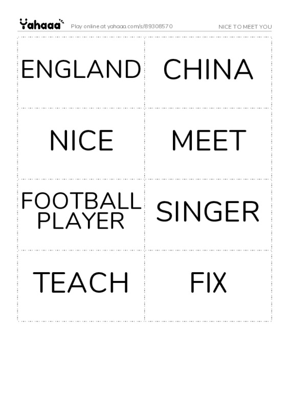Word flashcards worksheet for NICE TO MEET YOU