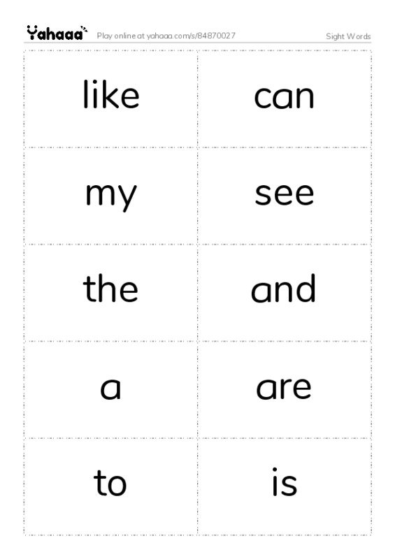 Word flashcards worksheet for Sight Words