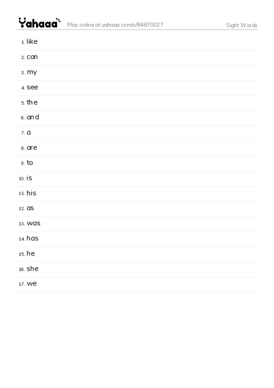 Word list with meanings worksheet for Sight Words