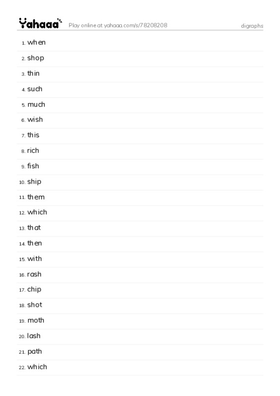 Word list with meanings worksheet for digraphs